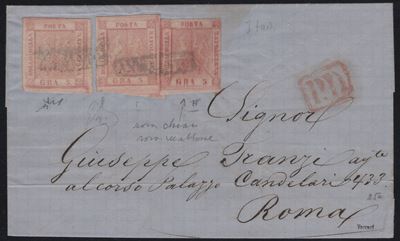 Affrancatura postale napoletana per Roma, tre valori da 5 gr. (tav. e colorazioni differenti), 18...