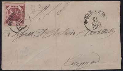 Gerace, Lettera affrancata con 2 gr. carminio e cerchio di Gerace, 1861