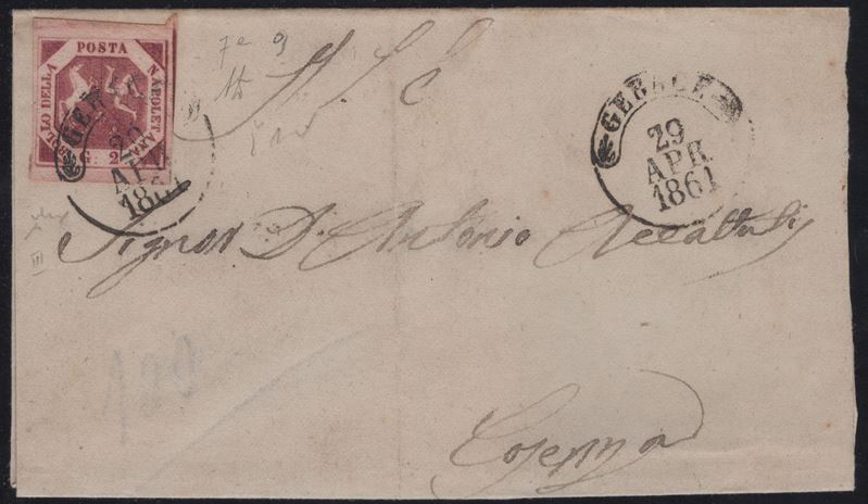 Gerace, Lettera affrancata con 2 gr. carminio e cerchio di Gerace, 1861