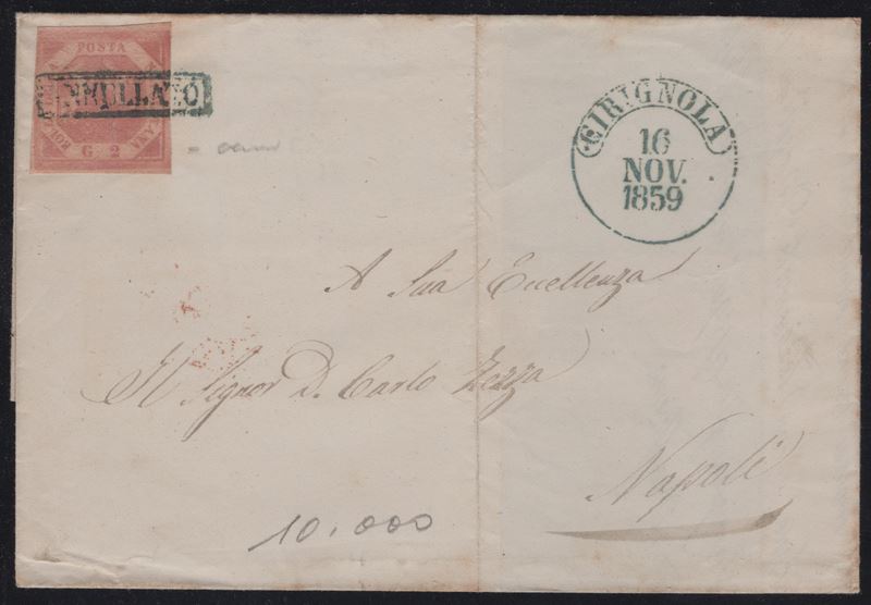 Lettera da Cerignola per Napoli con affrancatura del 2gr. rosa carminio n. 5d e annulli in verde