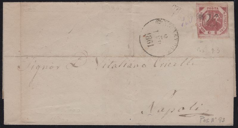 Nicastro, Lettera affrancata con 2gr. rosa carminio n.5d e svolazzo tipo 19