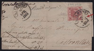 Lettera del 06.04.1861 affrancata con 2gr. carminio n.5e, Annullo circolare di Salerno (9pt.)