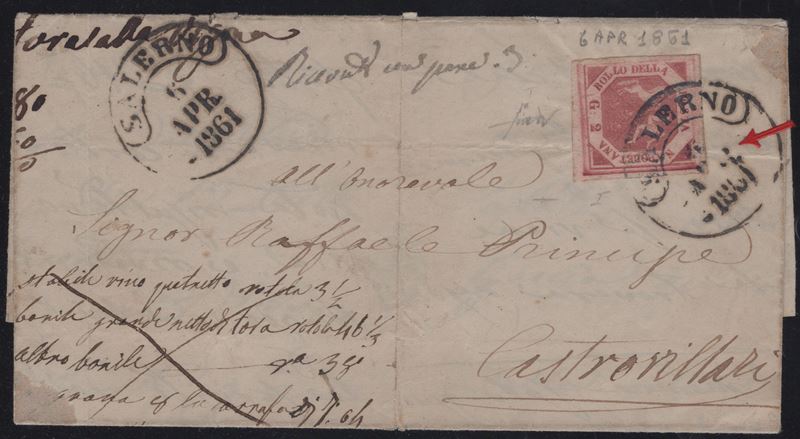 Lettera del 06.04.1861 affrancata con 2gr. carminio n.5e, Annullo circolare di Salerno (9pt.)