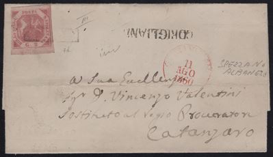 Napoli, Lettera affrancata con 2gr. III tav. carminio n.7d, Soprascritta Corigliano ed annulli Sp...