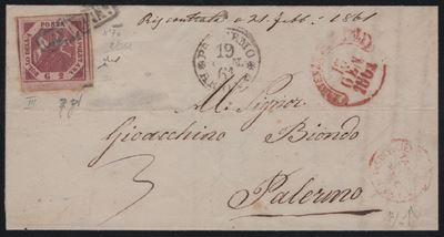 Napoli, Lettera postale affrancata con 2gr. carminio cupo n.7f, 1861