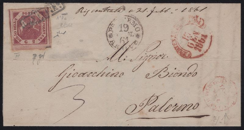 Napoli, Lettera postale affrancata con 2gr. carminio cupo n.7f, 1861
