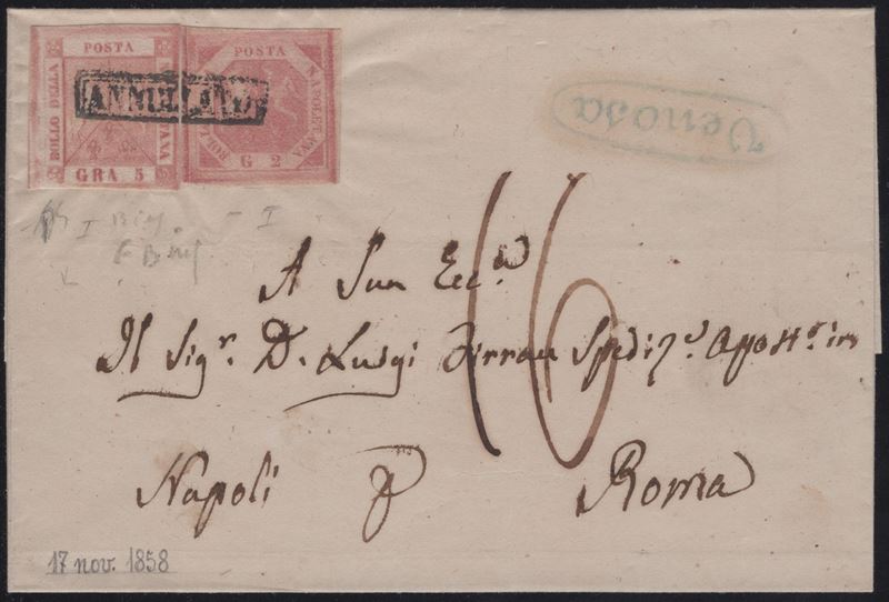 Lettera da Venosa a Roma, affrancata con 2 grana e 5 grana, 19.12.1859