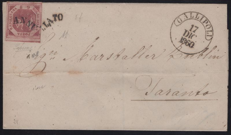 Lettera da Gallipoli a Taranto, affrancata con 2gr. carminio n.5e, Svolazzi tipo 4