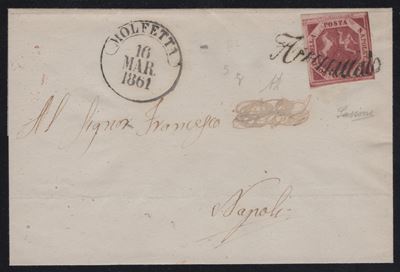 Lettera di Molfetta a Napoli con affrancatura 2 gr. carminio cupo n.5g, 1861