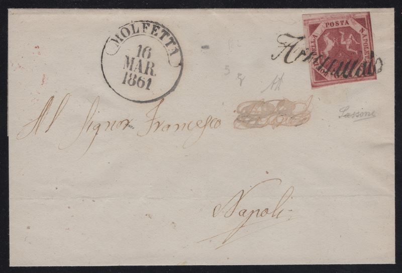 Lettera di Molfetta a Napoli con affrancatura 2 gr. carminio cupo n.5g, 1861