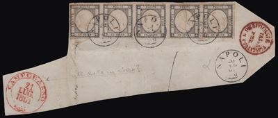 Prov. Napoletani, Striscia di 5 da 1 gr, nero, 20.08.1861