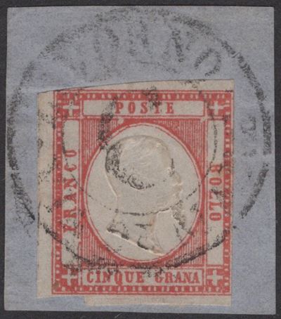 1861, 5 gr rosso carminio n. 21 con annullo «DC» e «Livorno - Via di Mare - C» (pt.R1), su framme...