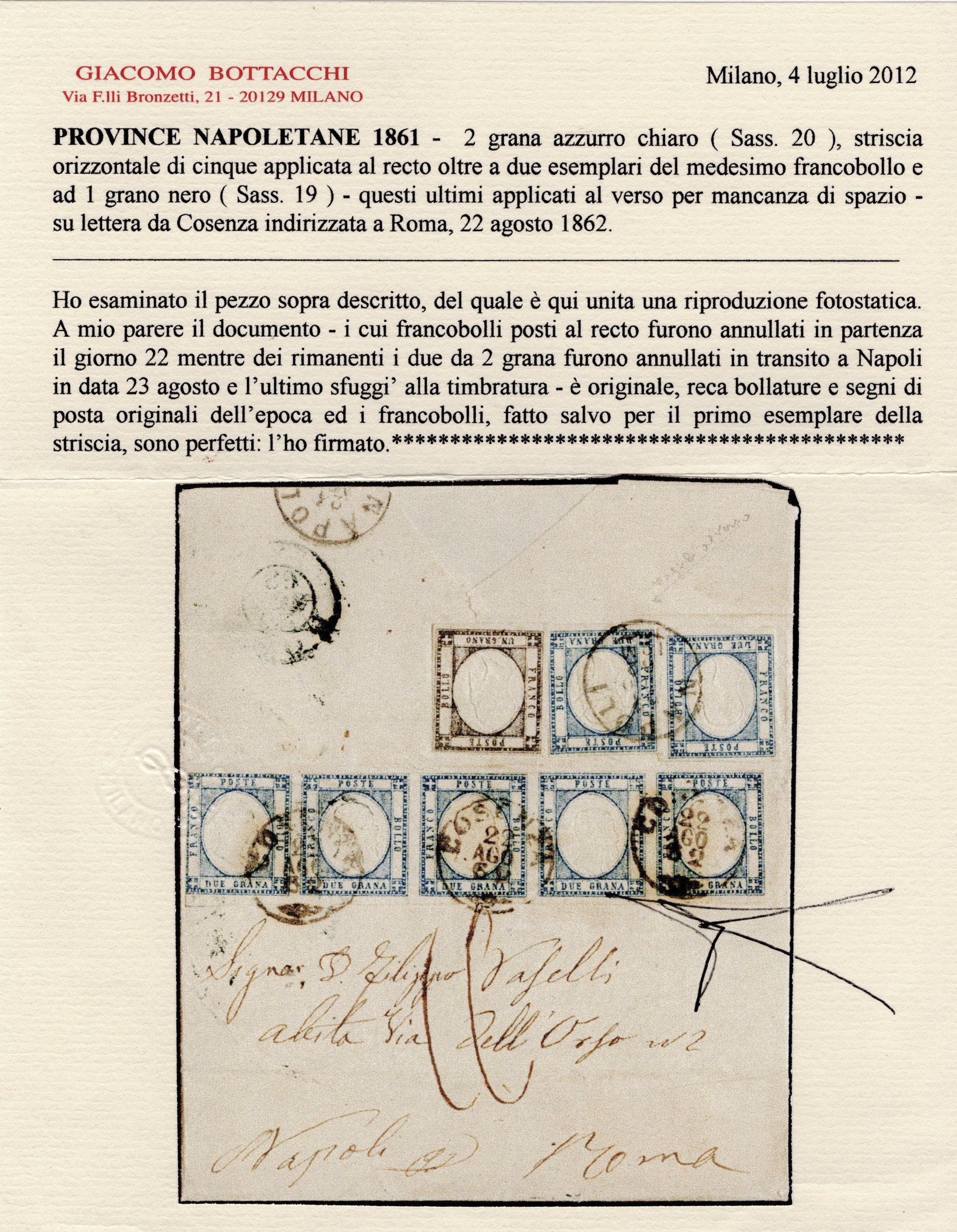 Prov. Napoletane, Storia Postale - Lettera da Cosenza a Roma del 22.08.1862 con affrancatura a st...