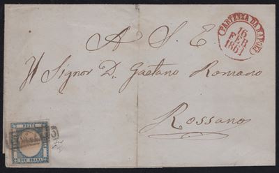 Lettera da Napoli, 16 febbraio 1861, affrancatura con francobollo da 2 gr. azzurro n. 20b
