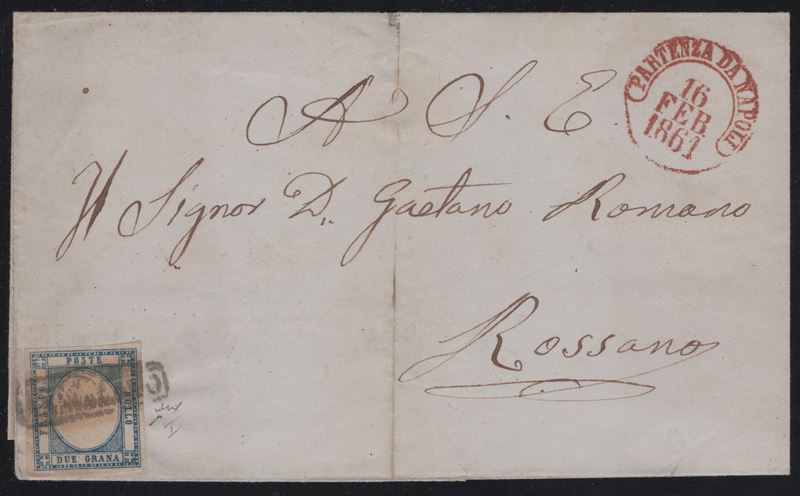 Lettera da Napoli, 16 febbraio 1861, affrancatura con francobollo da 2 gr. azzurro n. 20b