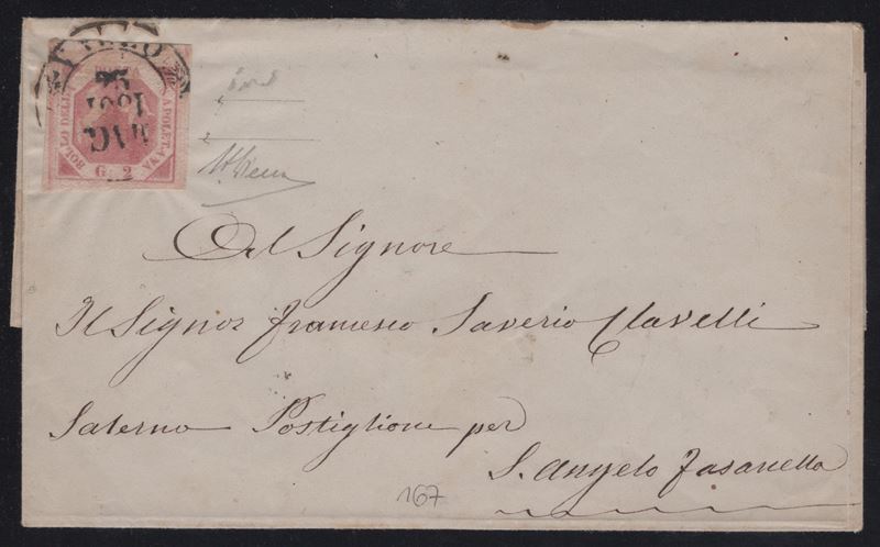 Lettera da Vallo per Salerno del 25.05.1861 con affrancatura a 2 gr. III tav. rosa carminio n.7c