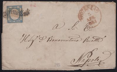 Lettera da Potenza a Napoli con affrancatura a 2 grana azzurro n.20b e svolazzo tipo 17 (11pt.)