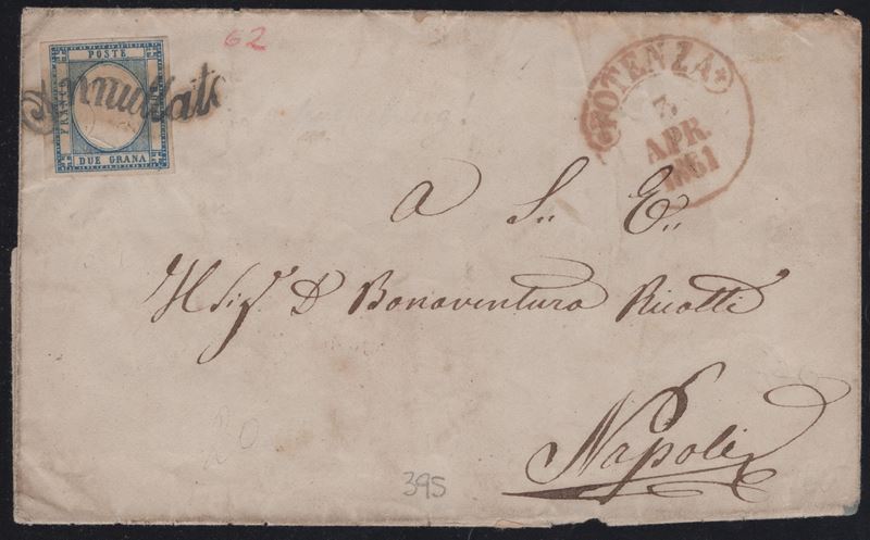 Lettera da Potenza a Napoli con affrancatura a 2 grana azzurro n.20b e svolazzo tipo 17 (11pt.)