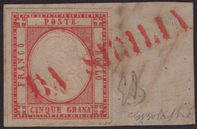 Prov. Napoletante, annullato "Da Sicilia" in rosso (pt. 12), 1861, 5 gr. rosso carminio n. 21