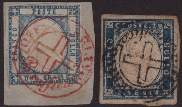 Prov. Napoletane - Annullamenti, ''Off.(cina) G.(enerale) di arrivo/Bonifica'' (pt. R3) + ''Off. Generale di arrivo/Bonifica'' in nero su Sardegna (pt.R1)