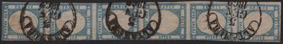Province Napoletane, Striscia verticale di 6 del 2 gr., azzurro chiaro (n. 20), 1861