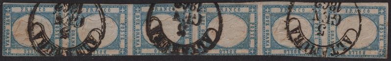 Province Napoletane, Striscia verticale di 6 del 2 gr., azzurro chiaro (n. 20), 1861