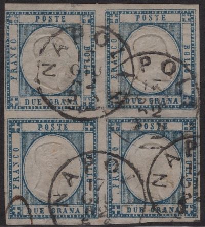Provincia Napoletane, 2 gr. Azzurro scuro n. 20d in quartina utilizzata
