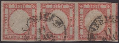 Prov. Napoletane, 5 gr. rosso carminio n.21 in striscia di tre