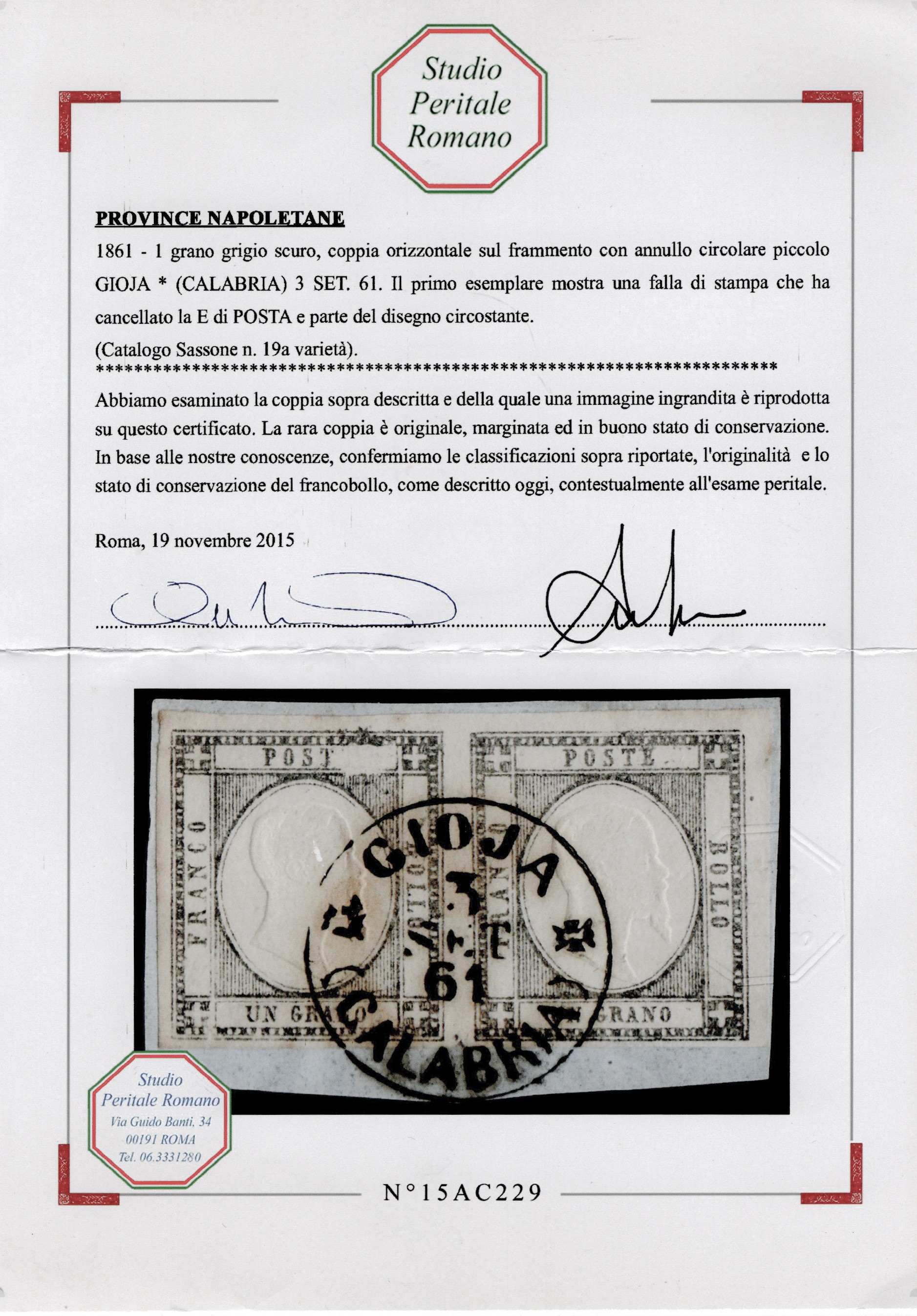 Prov. Napoletane, 1 gr. grigio nero su frammento di lettera con varietà di stampa