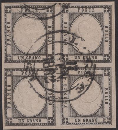 Alberto e Enzo Diena, Provenienze napoletane: francobollo da 1 gr nero n. 19 in quartina usata (1...