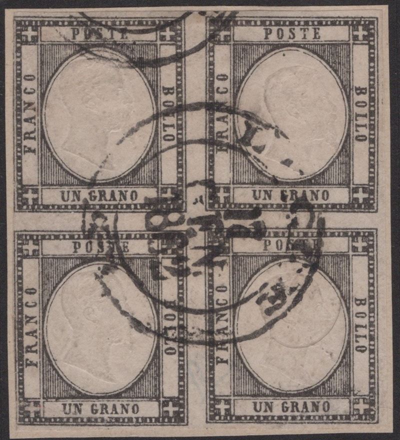 Alberto e Enzo Diena, Provenienze napoletane: francobollo da 1 gr nero n. 19 in quartina usata (1...