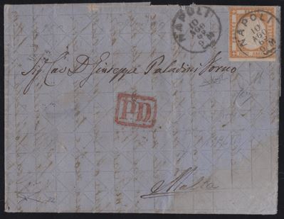 Lettera da Napoli per Malta, affrancata con 10gr. arancio n.22, 10.08.1862