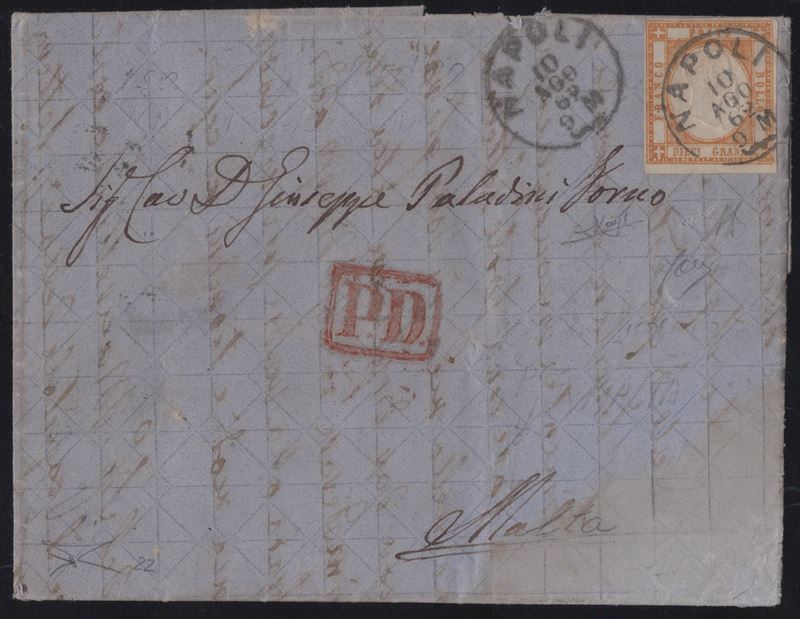 Lettera da Napoli per Malta, affrancata con 10gr. arancio n.22, 10.08.1862