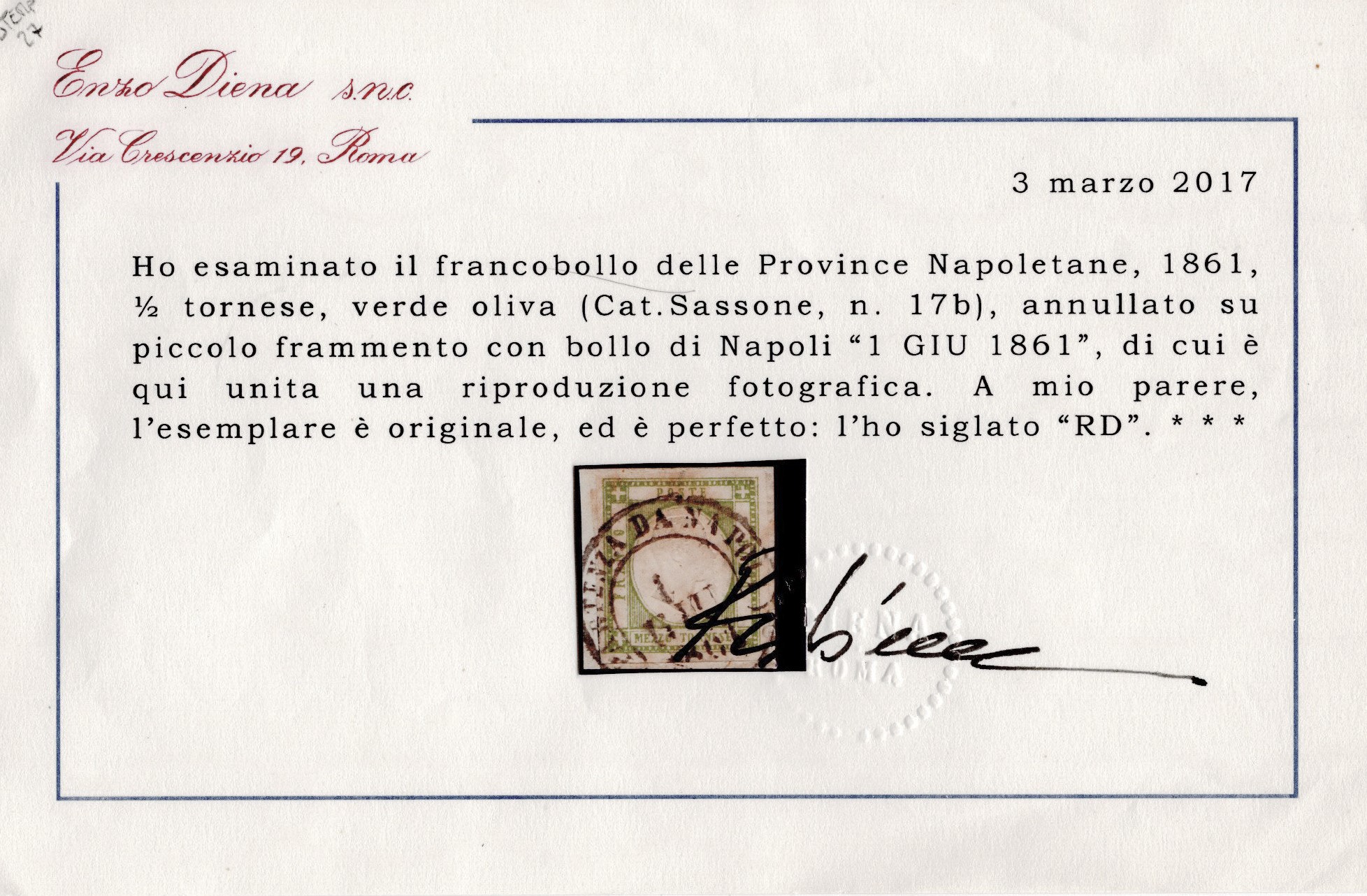 Prov. Napoletane, 1/2 tr. Verde Oliva, annullato a Napoli il 01.06.1861