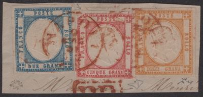 Prov. Napoletane, Combinazione tricolore 2+5+10gr. del 1861
