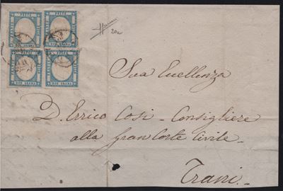 Storia Postale Napoletana, 2 gr. celeste, quattro esemplari su busta da Napoli per Trani