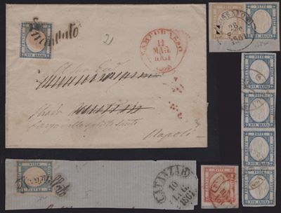Collezione filatelica napoletana, insieme di francobolli sciolti e in strisce con frammenti e let...