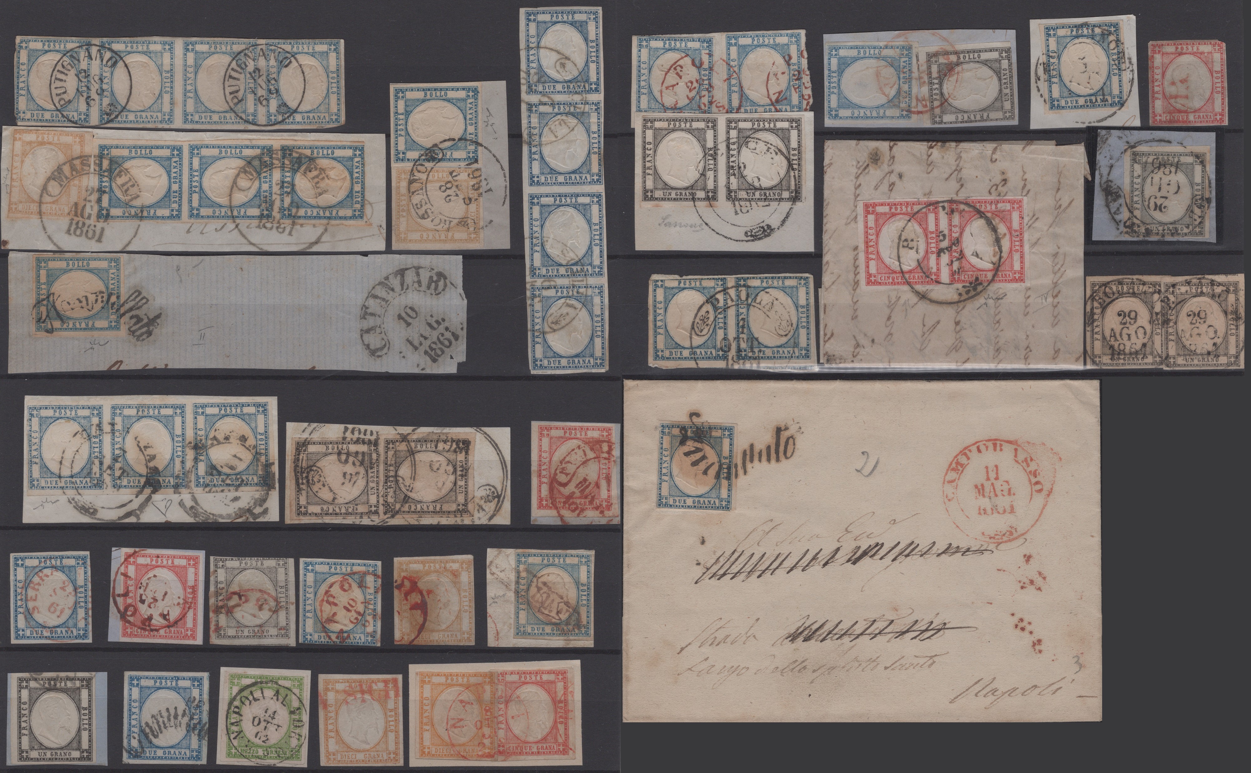 Collezione filatelica napoletana, insieme di francobolli sciolti e in strisce con frammenti e let...