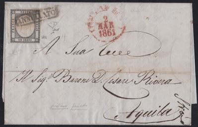 Storia Postale, Lettera da Napoli a L'Aquila con affrancatura isolata di 1gr. nero n.19
