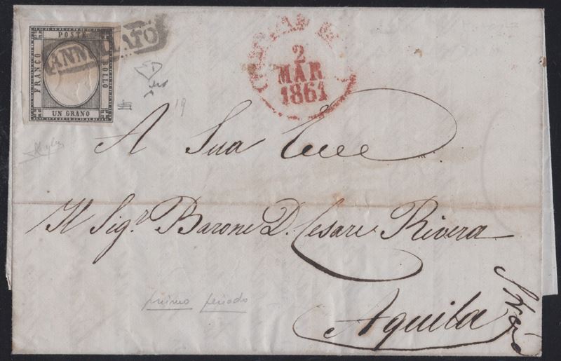 Storia Postale, Lettera da Napoli a L'Aquila con affrancatura isolata di 1gr. nero n.19