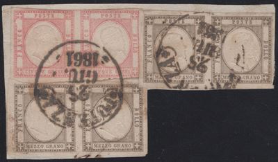 Prov. Napoletane, Affrancatura bicolore: coppia di 5 gr. rosa e due coppie di 1/2 gr. bruno grigi...