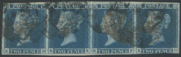 1841 - 2 p. azzurro in striscia di 4