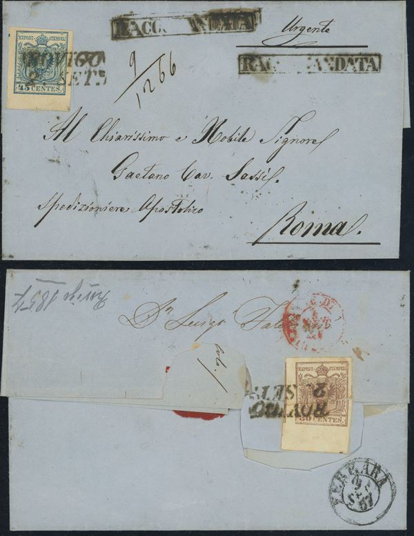 Lombardo Veneto - Storia Postale, 45 cent. con principio di croce su Raccomandata per lo Stato Pontificio.