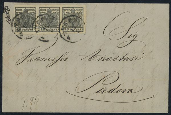Lombardo Veneto - Storia Postale, splendida striscia di tre del 10 cent. su lettera.