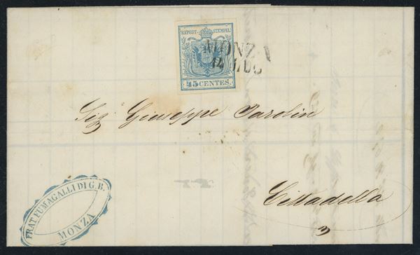 Lombardo Veneto - I emissione, 45 cent. prima tiratura isolato su lettera.