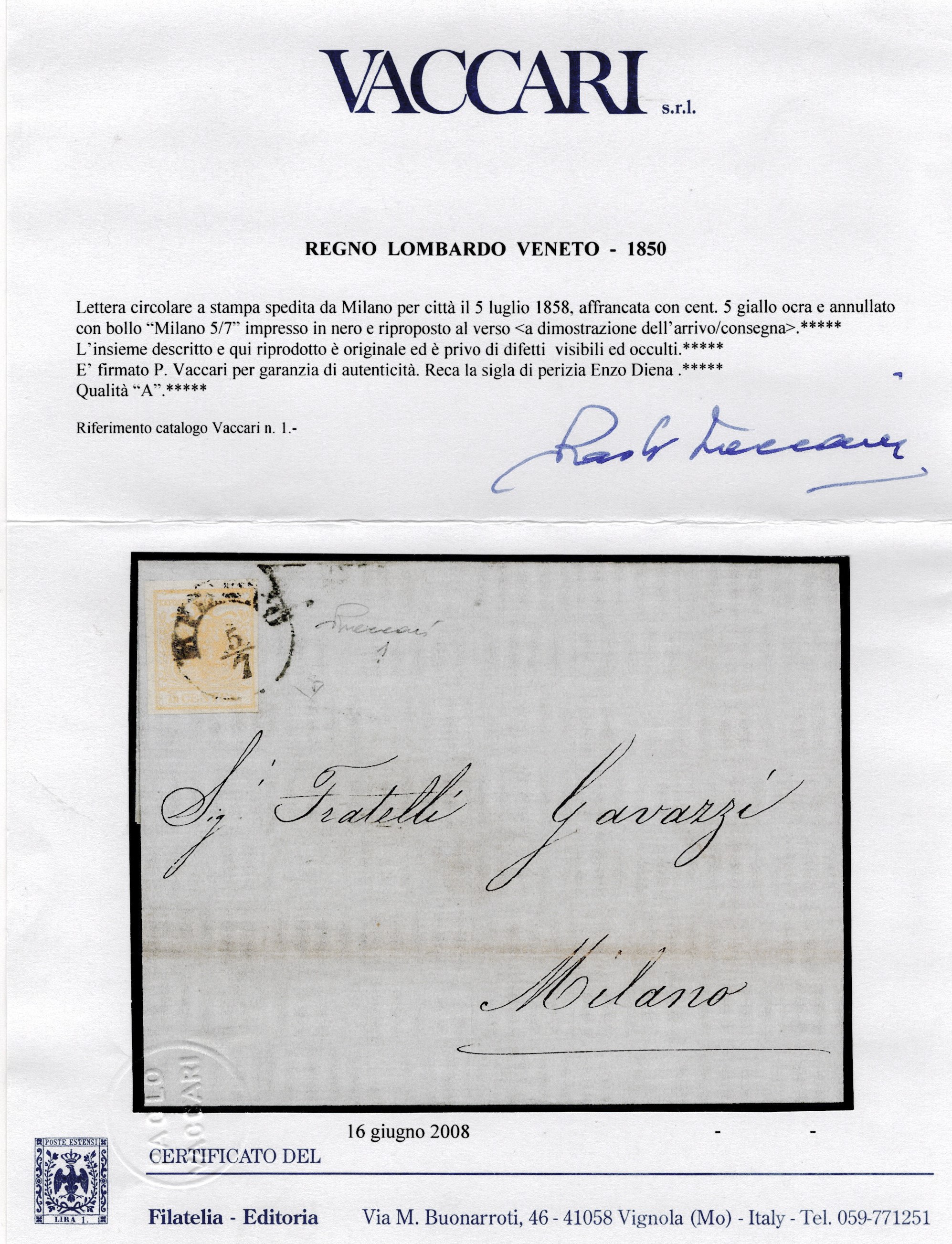 Lombardo Veneto - Storia Postale, 5 cent. isolato per città.