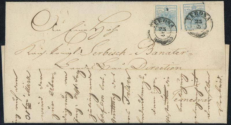 Lombardo Veneto - 45 cent. I tiratura in due diverse tonalità su lettera.