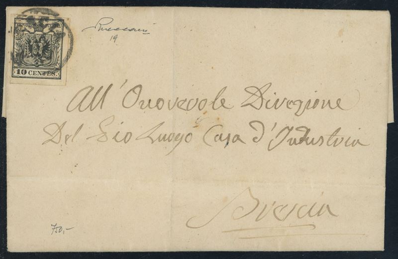 Lombardo Veneto - I emissione, 10 cent. carta a macchina isolato per città