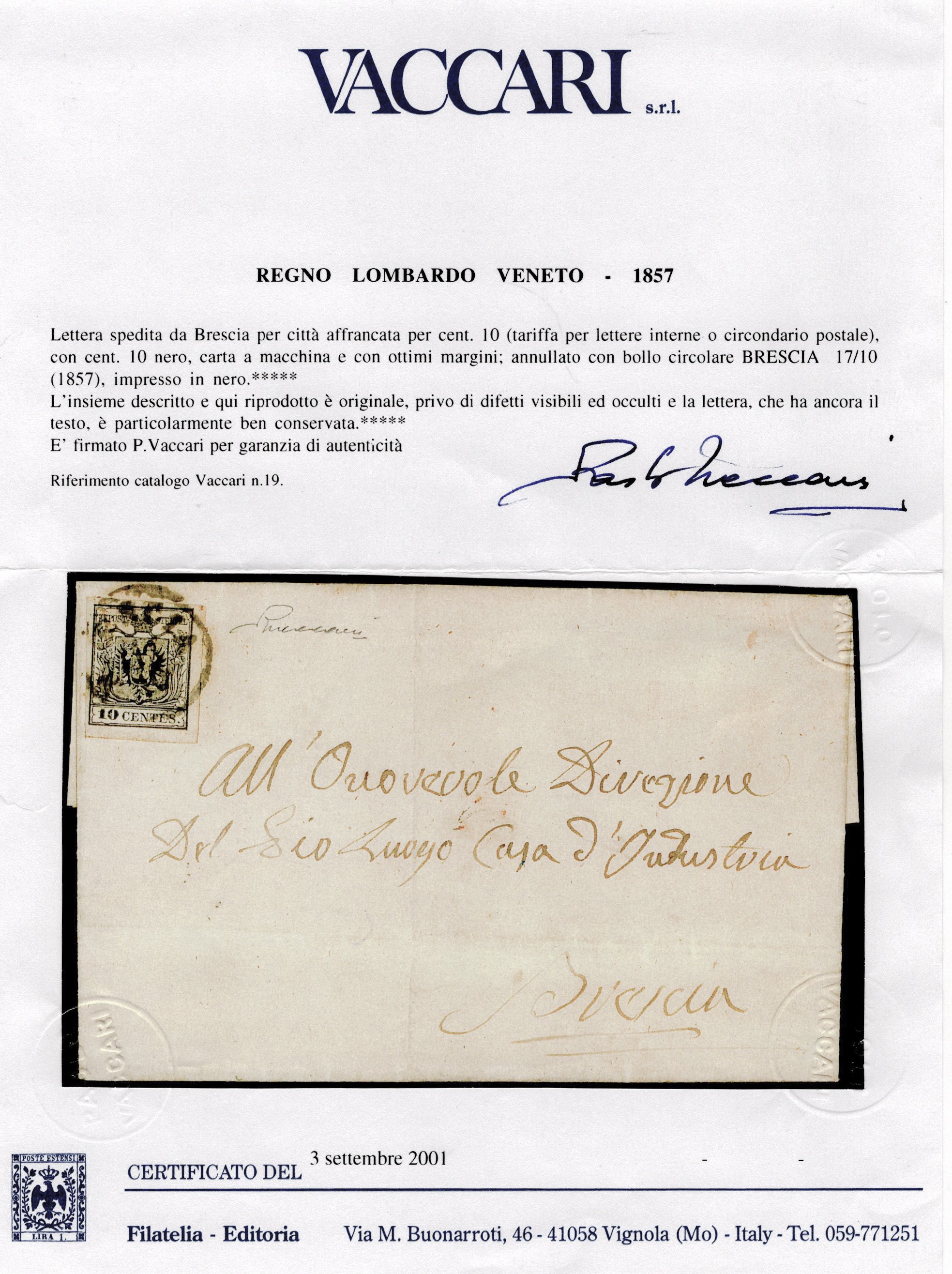 Lombardo Veneto - I emissione, 10 cent. carta a macchina isolato per città