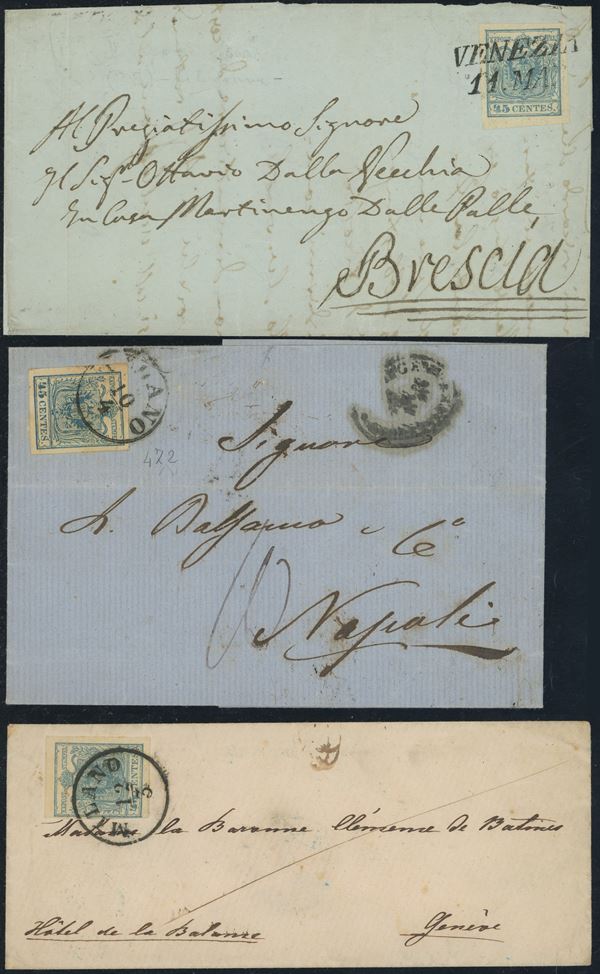 Lombardo Veneto - I emissione, tre interessanti lettere affrancate con il 45 cent.